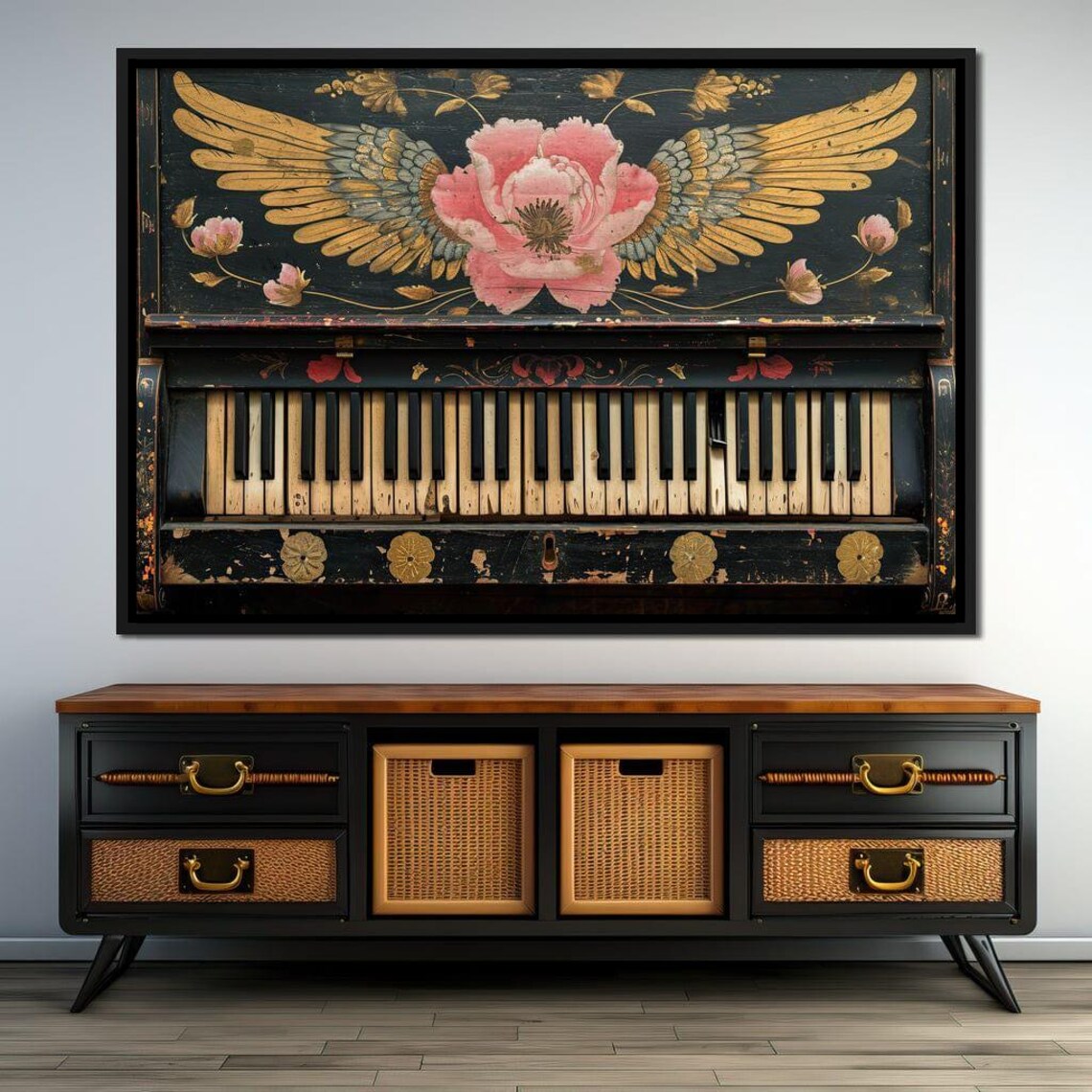 Antique Painted Piano Golden Wings Pink Peony Vintage Music Art Print