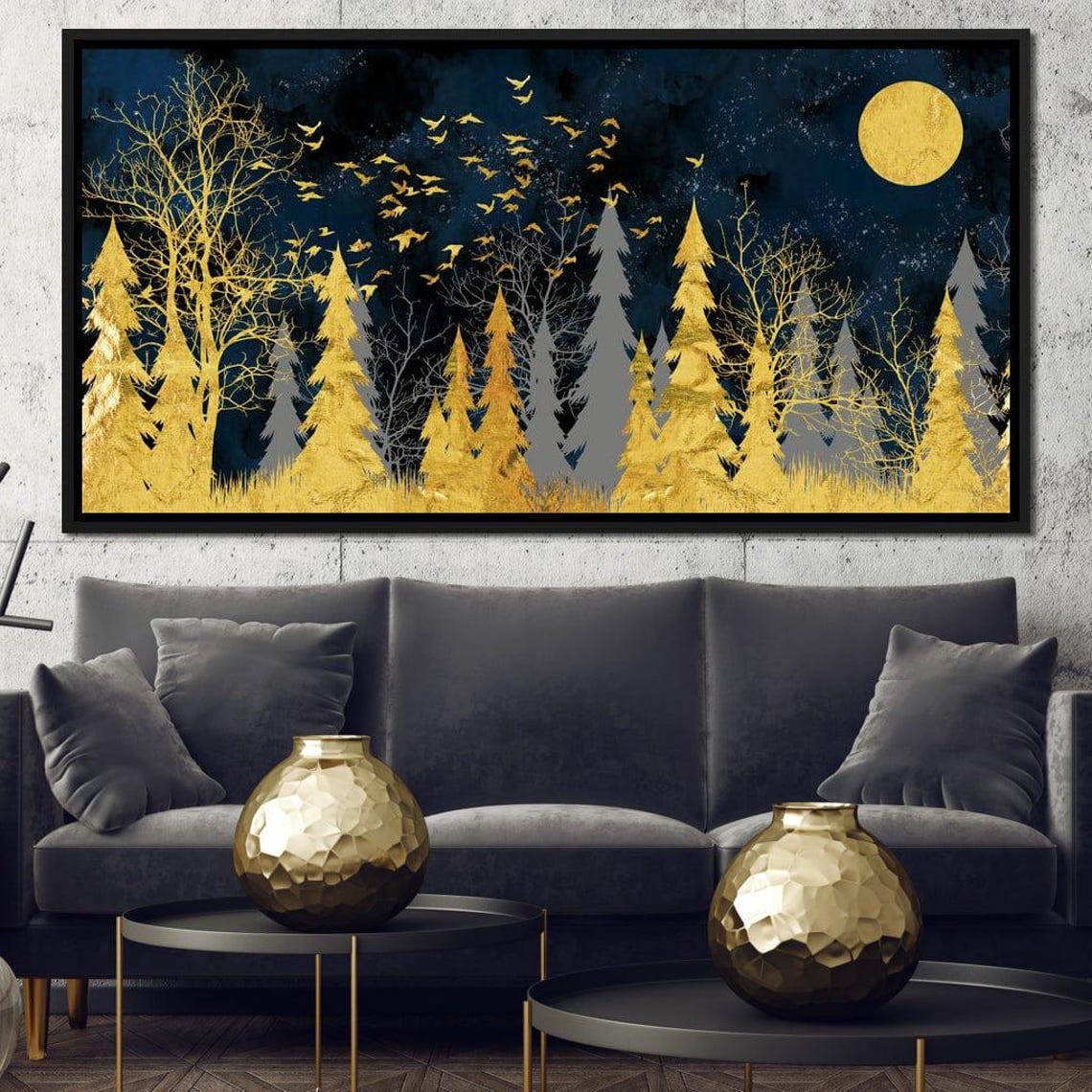 Golden Moonlit Forest Night Sky Birds Gold Navy Modern Art Poster