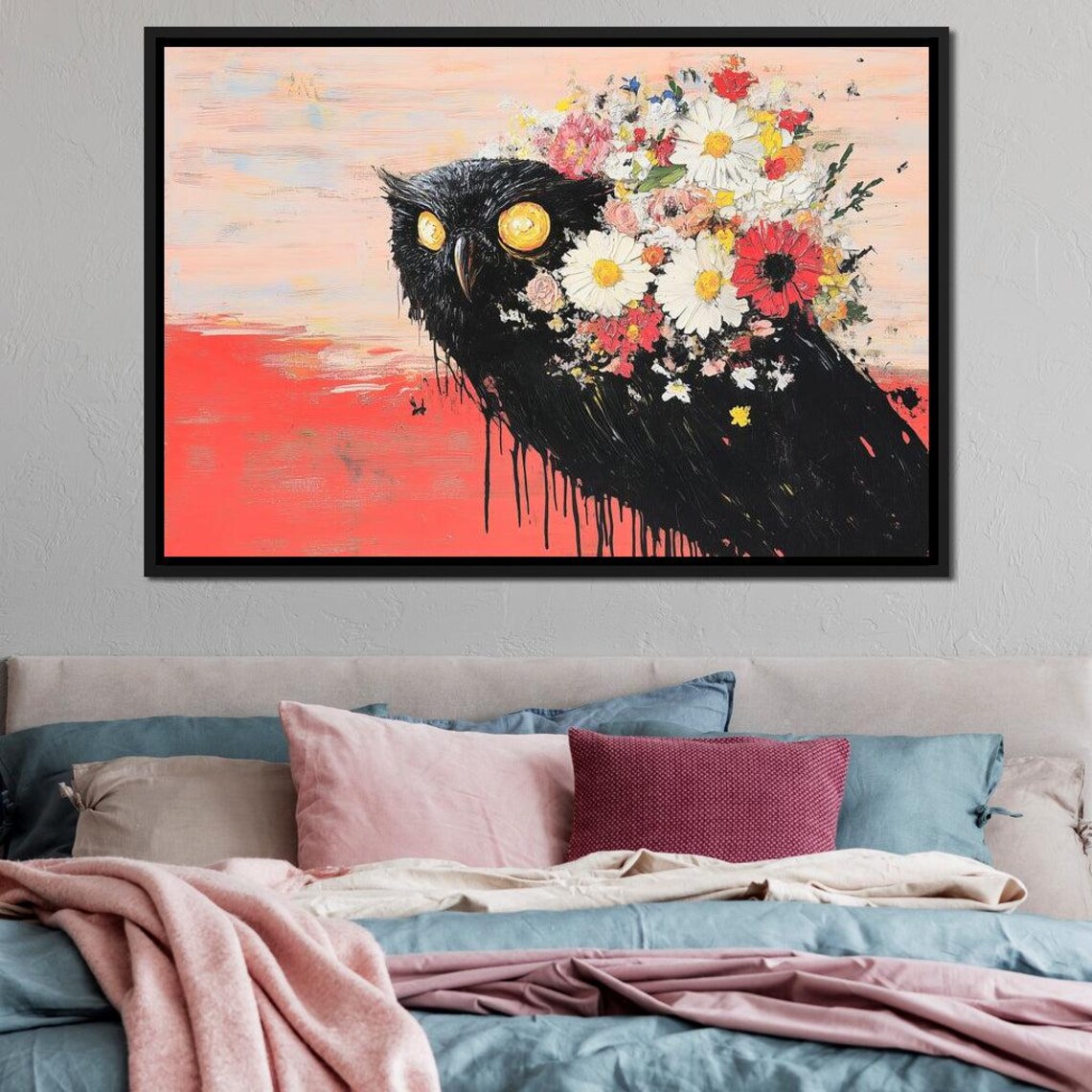 Black Owl Golden Eyes Colorful Daisy Flower Wildlife Wall Art Print - Image 3