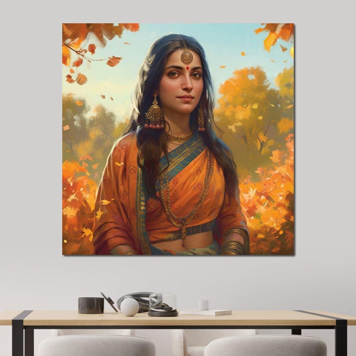 Sita Hindu Goddess Portrait Indian Art Autumn Golden Saree Wall Decor - Image 3