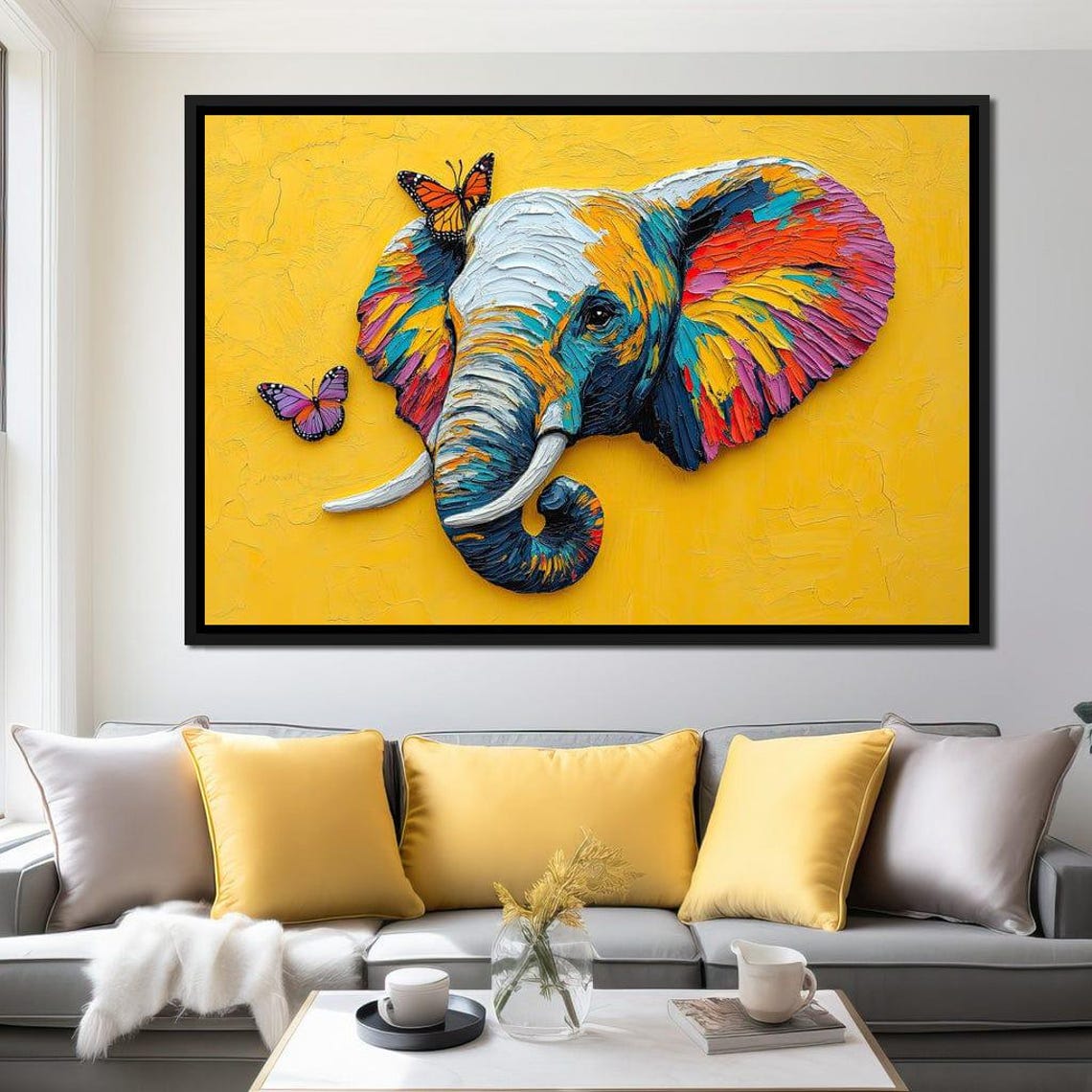Colorful Elephant Butterflies Yellow Impasto Joyful Playful Art Poster - Image 4