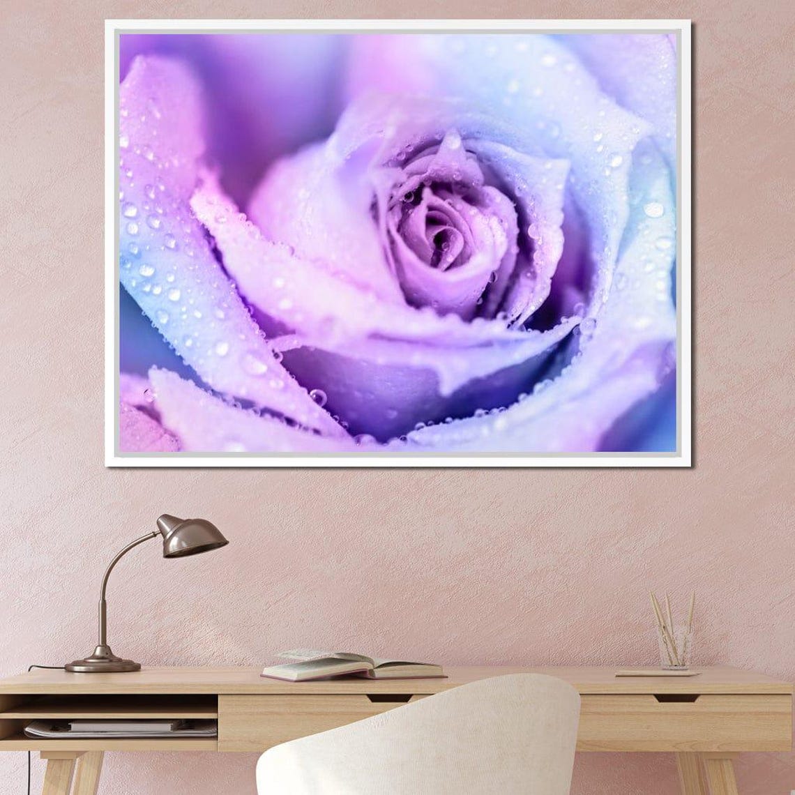 Pink Purple Rose Macro Photography Water Droplets Pastel Wall Art