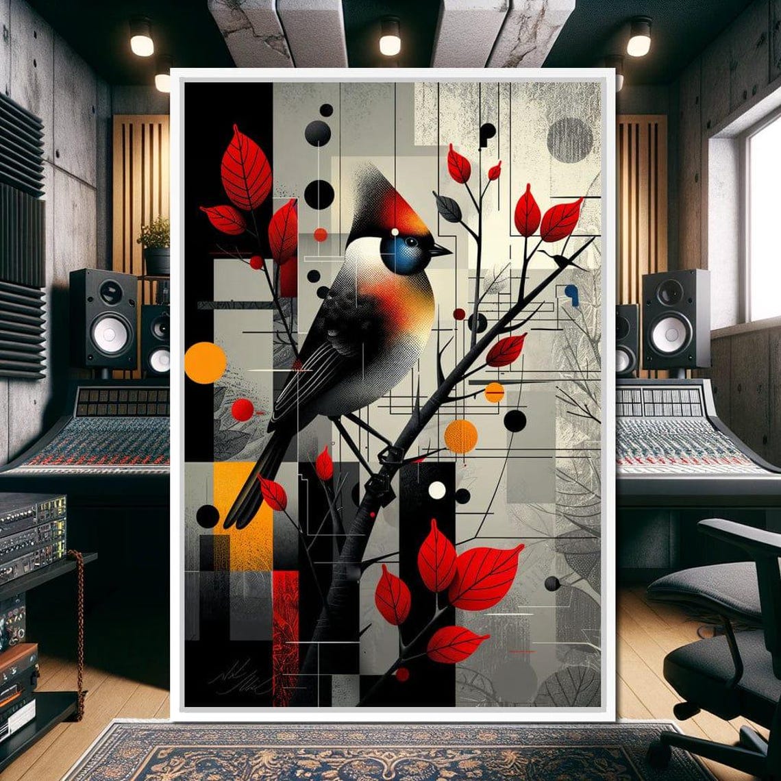 Autumn Songbird Geometric Art Red Leaves Modern Bird Branch Wall Art