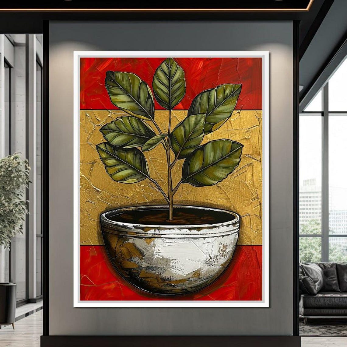 Potted Green Plant Gold Red Background Botanical Modern Art Print