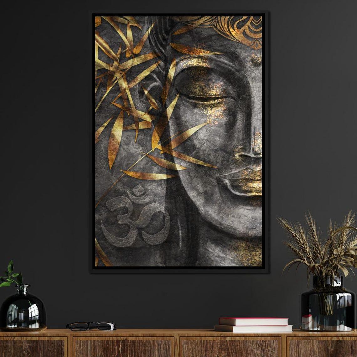 Gold Grey Buddha Face Om Symbol Bamboo Zen Meditative Wall Art - Image 2