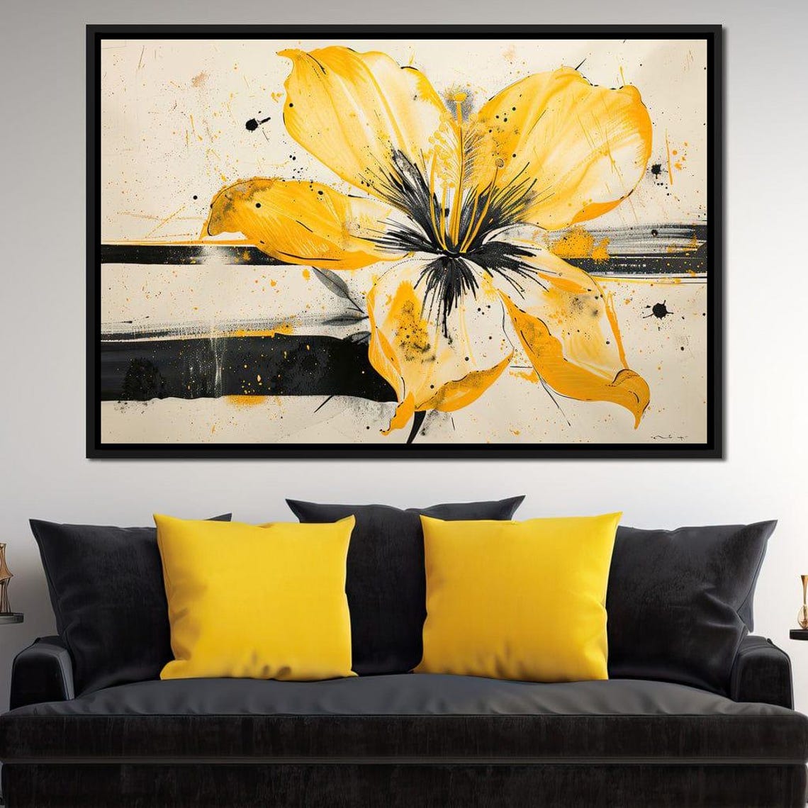 Golden Yellow Hibiscus Black Stripes Modern Abstract Art Print - Image 4