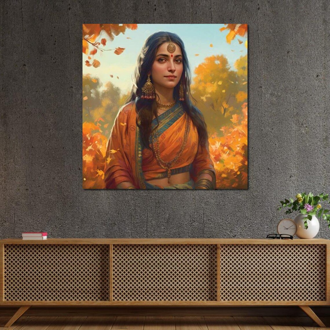 Sita Hindu Goddess Portrait Indian Art Autumn Golden Saree Wall Decor - Image 4