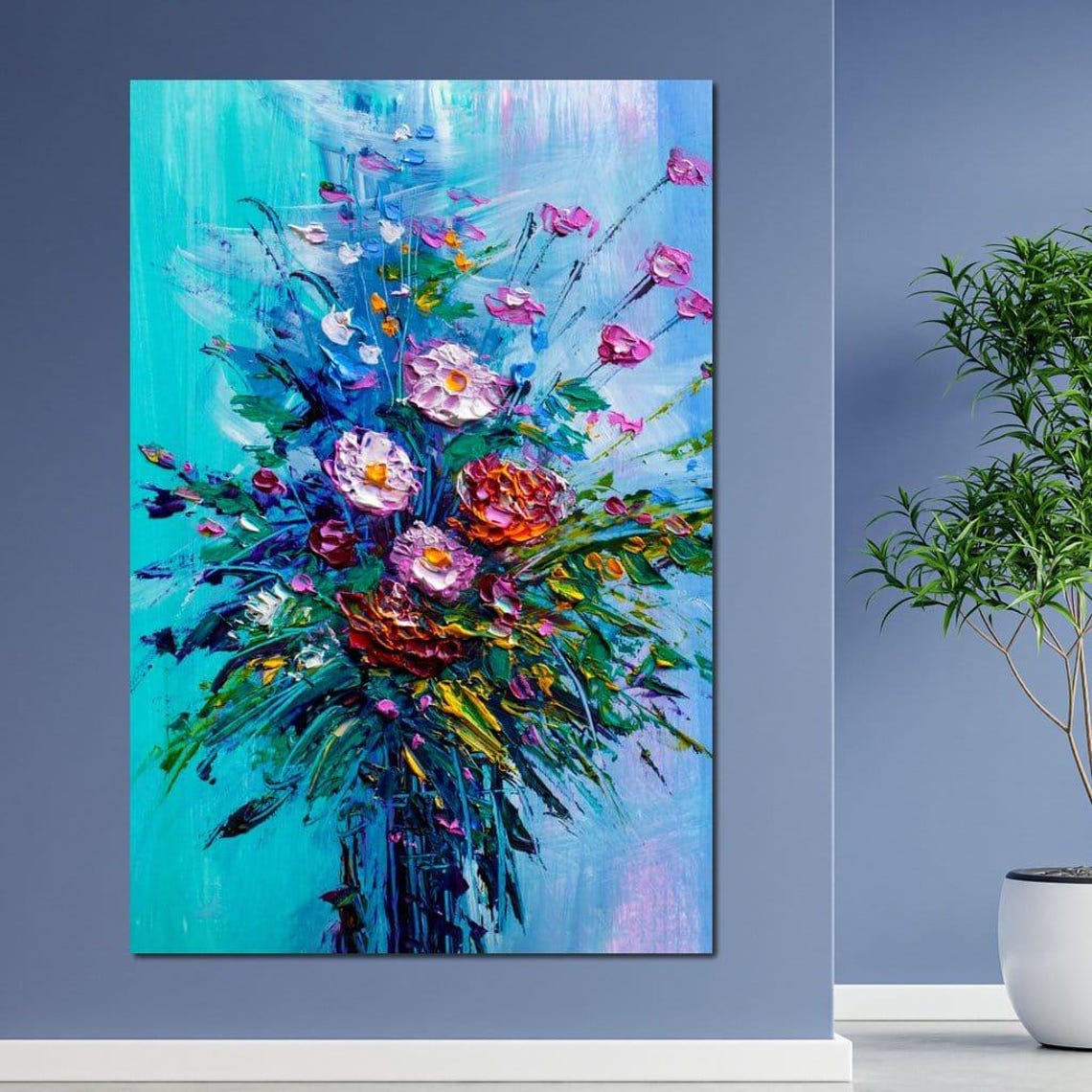 Vibrant Flower Bouquet Blue Background Bold Oil Painting Art Poster - Image 3