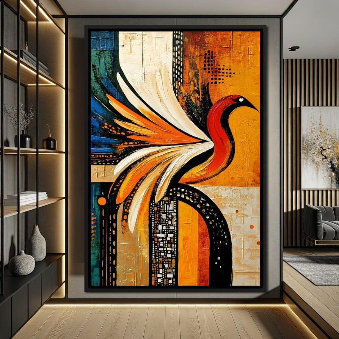 Abstract Phoenix Bird Orange Gold Teal Geometric Mosaic Art Print - Image 4
