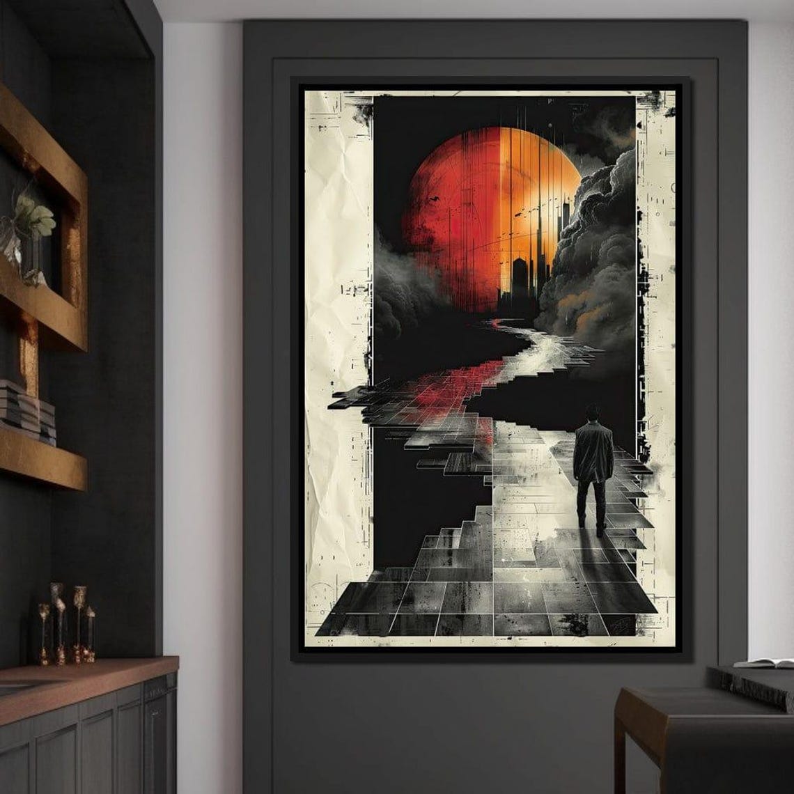 Lone Walker Giant Crimson Sun Surreal Dark Landscape Path Wall Art - Image 3