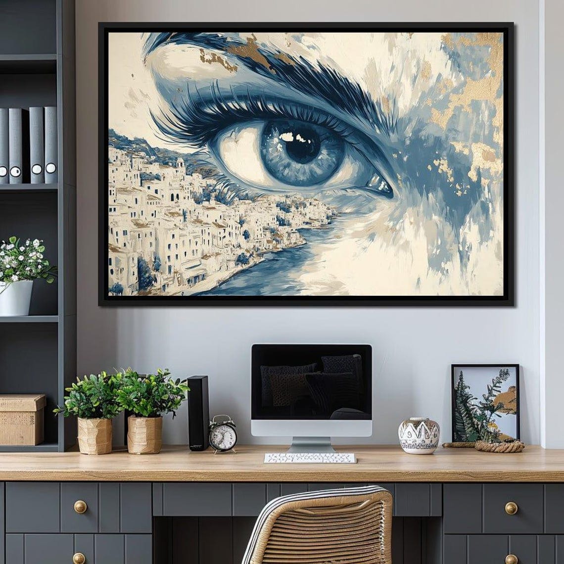 Blue Eye Over Santorini Whitewashed Town Aegean Surreal Wall Art