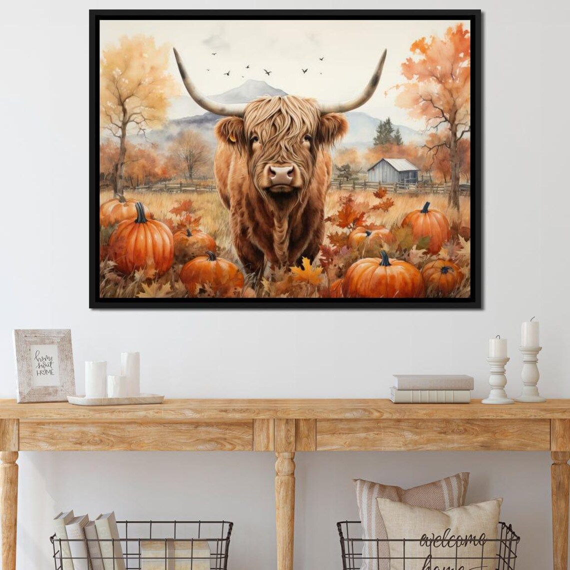 Highland Cow Among Pumpkins Autumn Farm Barn Rustic Animal Art Poster - Image 2