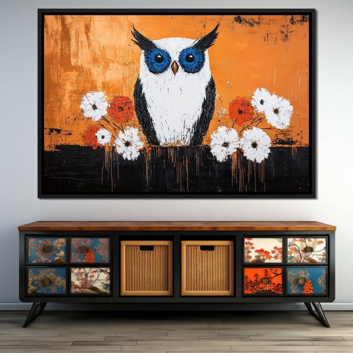 Blue Eyed White Owl Among Flowers Orange Abstract Wildlife Poster - Image 4