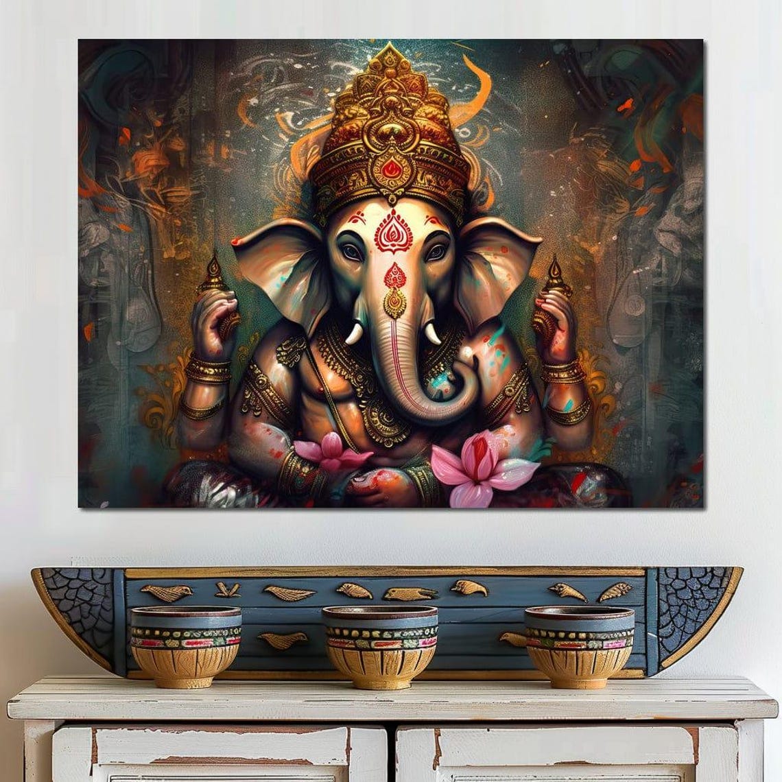 Lord Ganesha Golden Crown Lotus Blossoms Sacred Hindu Blessing Poster - Image 4