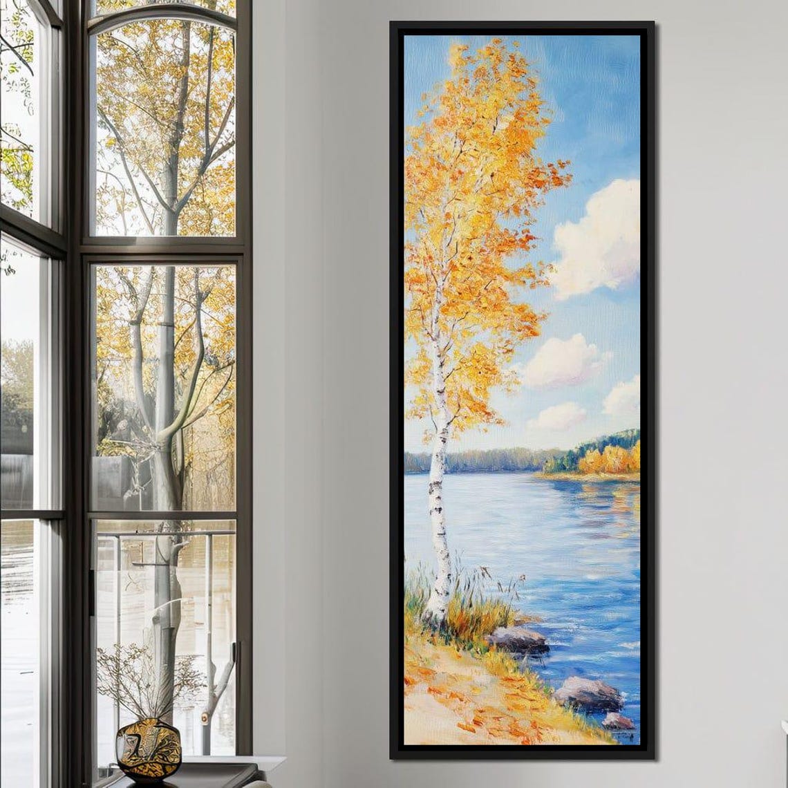 Golden Birch Tree By Autumn Lake Blue Water Fall Colors Nature Print