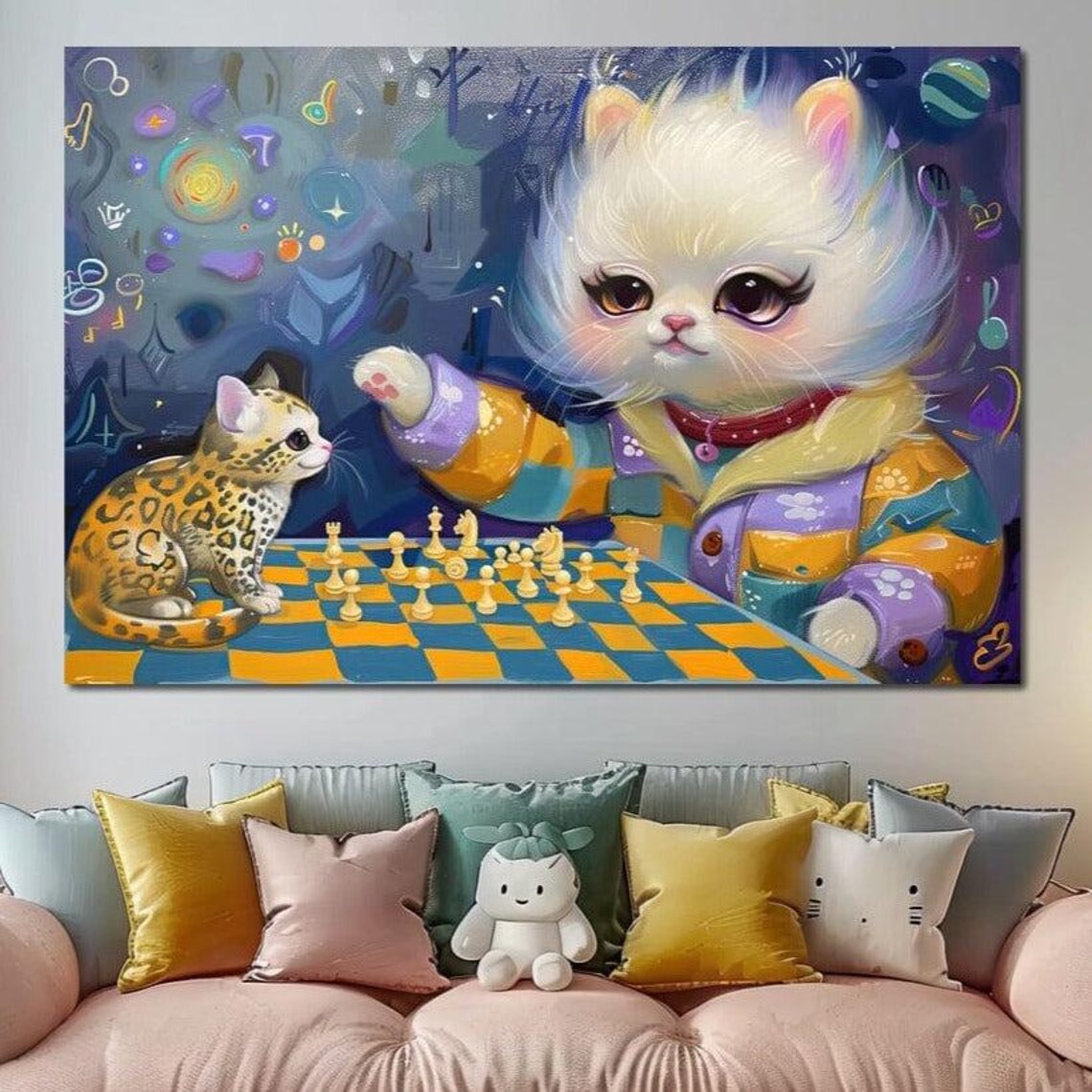 Cats Playing Chess Whimsical Kittens Game Room Kids Room Wall Art - Image 4