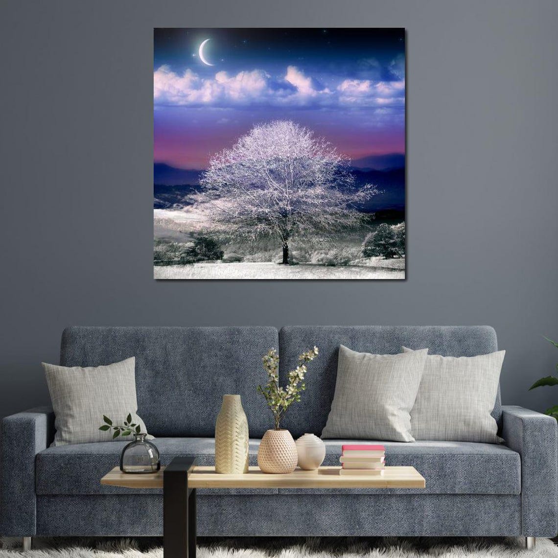Snowy White Tree under Crescent Moon Purple Night Winter Scene Poster - Image 3