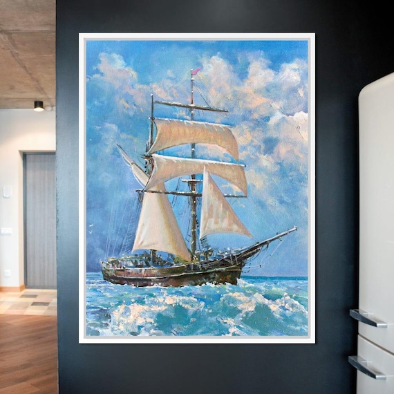 White Sails Nautical Decor Sailing Ship Art Seascape Painting Coastal Wall Art Ocean Waves Home Office By Nichecanvas