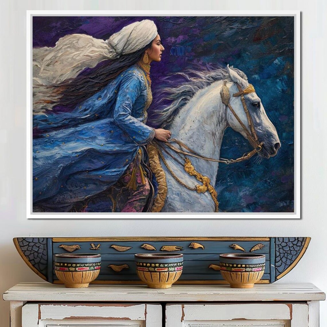 Sapphire Rider Woman In Blue On White Horse Majestic Equestrian Poster - Image 2
