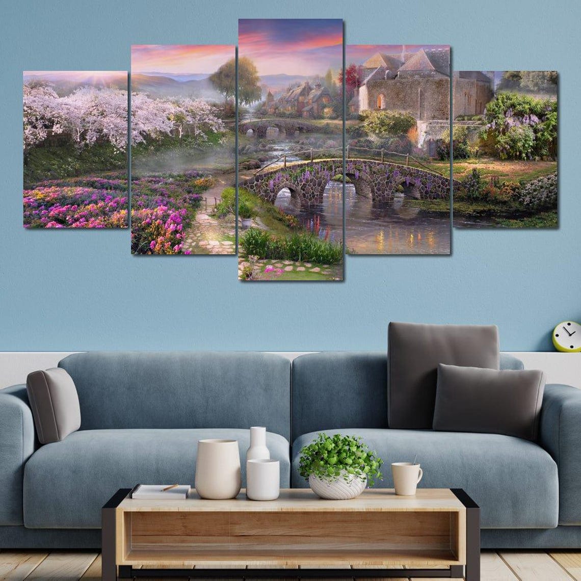 Spring Village Stone Bridge River Blossom Sunset Village Art Poster - Image 3