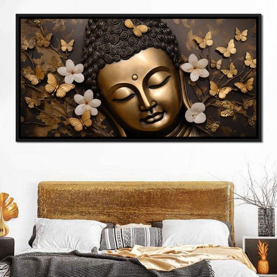 Glimmering Gold Buddha Spiritual Zen Wall Art Buddhism Home Decor Tranquil Golden Butterfly Art By Nichecanvas