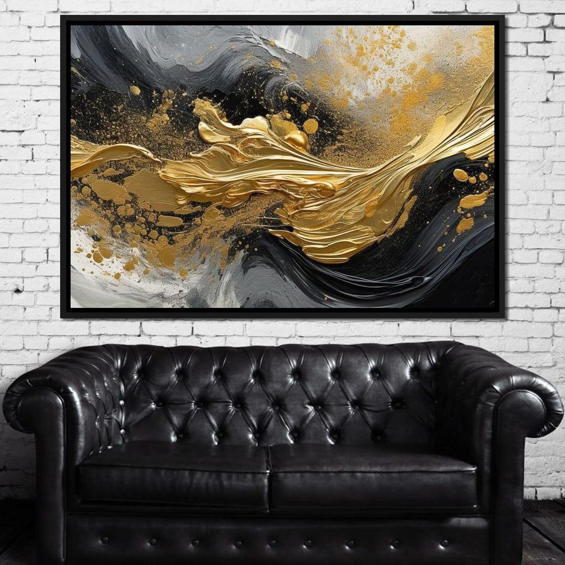 Black Gold Fluid Wave Splash Five Panel Modern Abstract Wall Art - Image 3