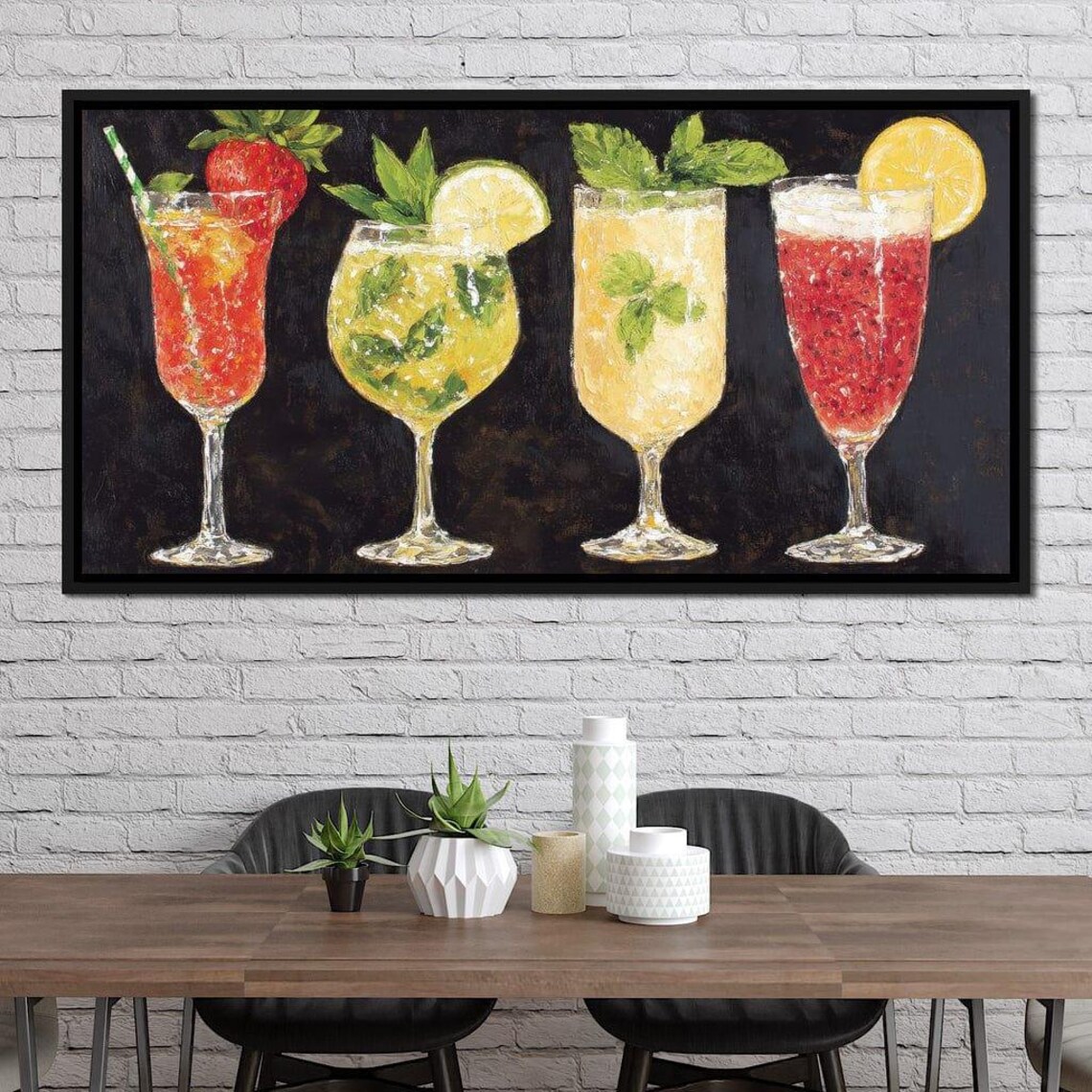Four Colorful Summer Cocktails In Tall Glasses On Dark Canvas Poster - Image 4