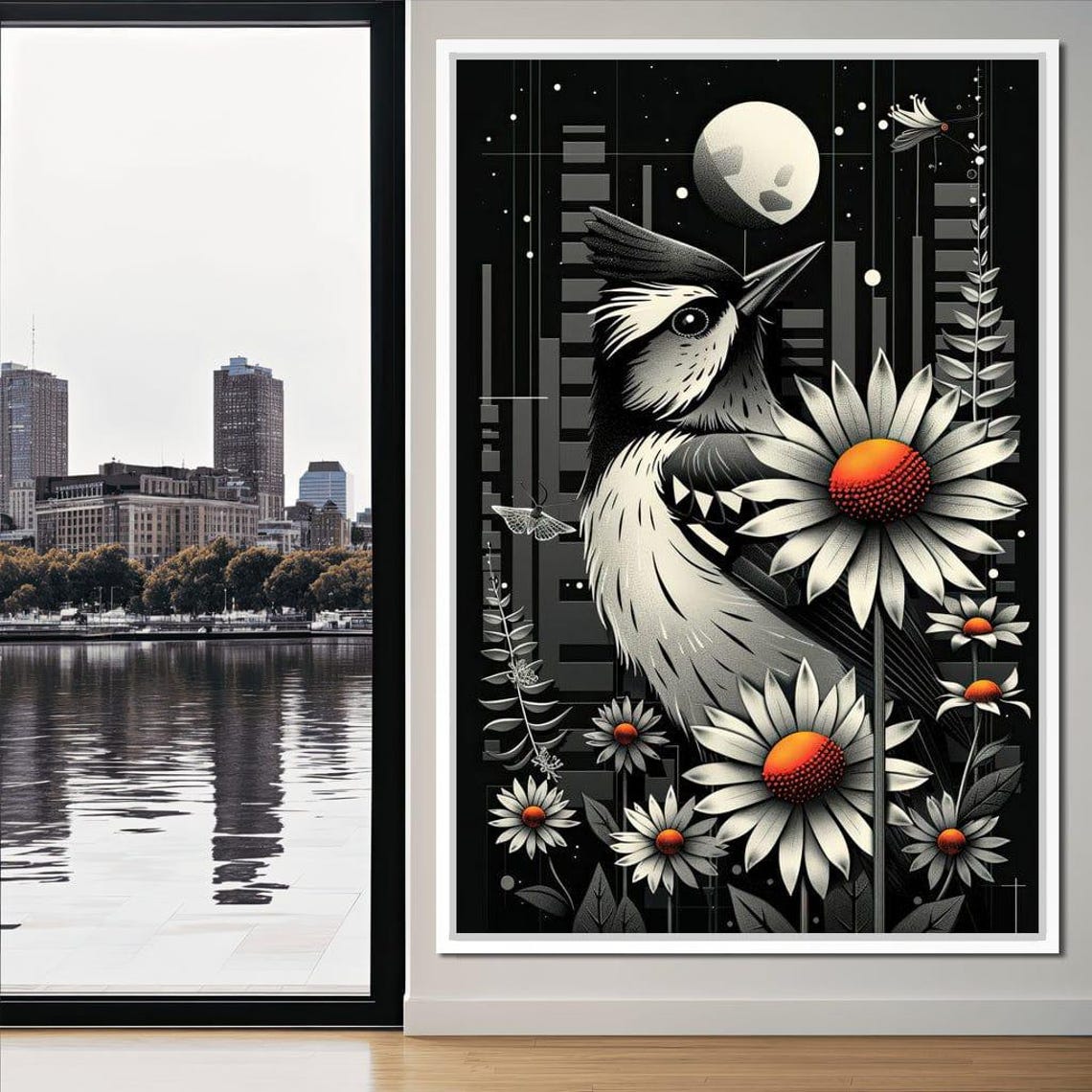 Monochrome Songbird Moonlight Daisies Night Sky Whimsical Art Poster - Image 4