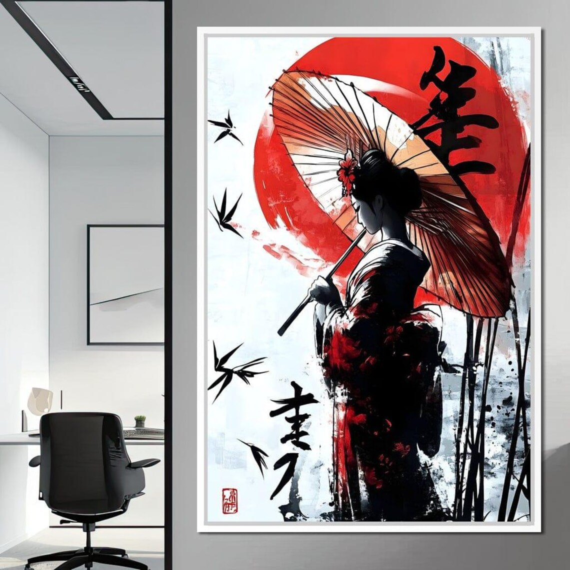 Geisha Red Sun Parasol Ink Wash Japanese Sumi E Painting Art Poster