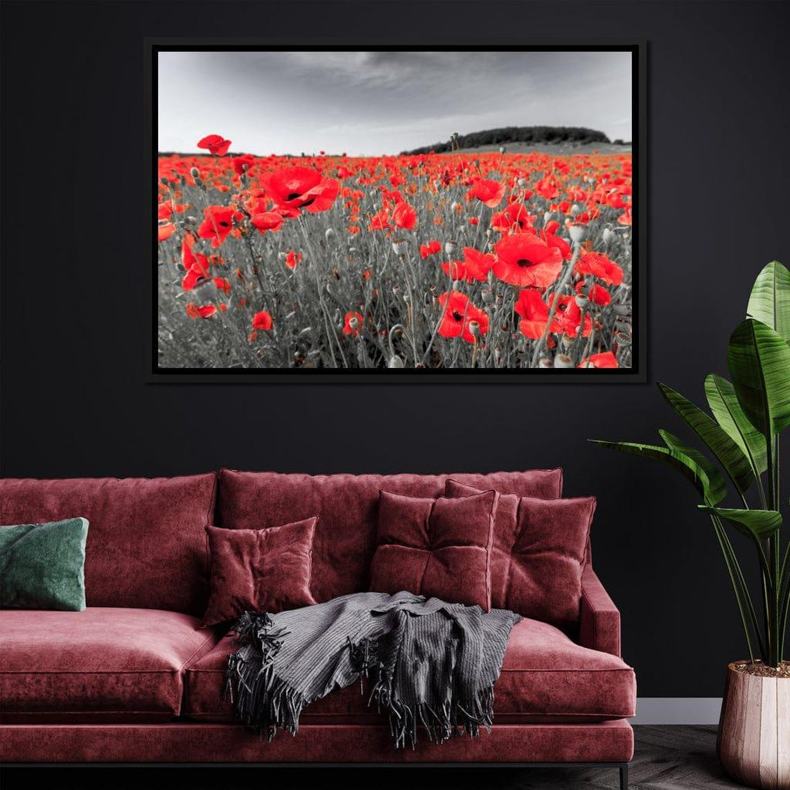 Vibrant Red Poppies Meadow Field Against Black And White Poster
