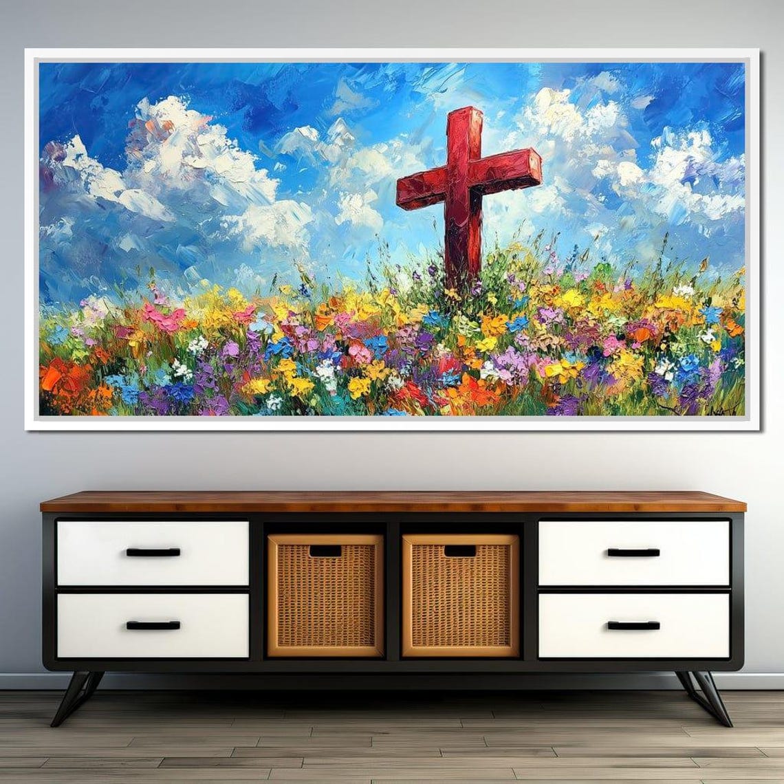 Red Cross Wildflower Meadow Blue Sky Christian Inspirational Poster - Image 2