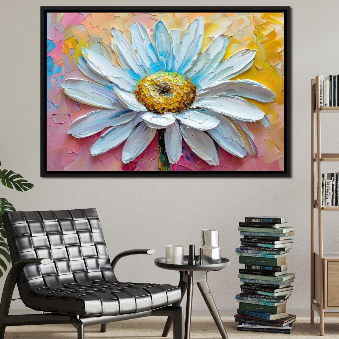 White Daisy Impasto Palette Knife Flower Pink Yellow Floral Poster - Image 2
