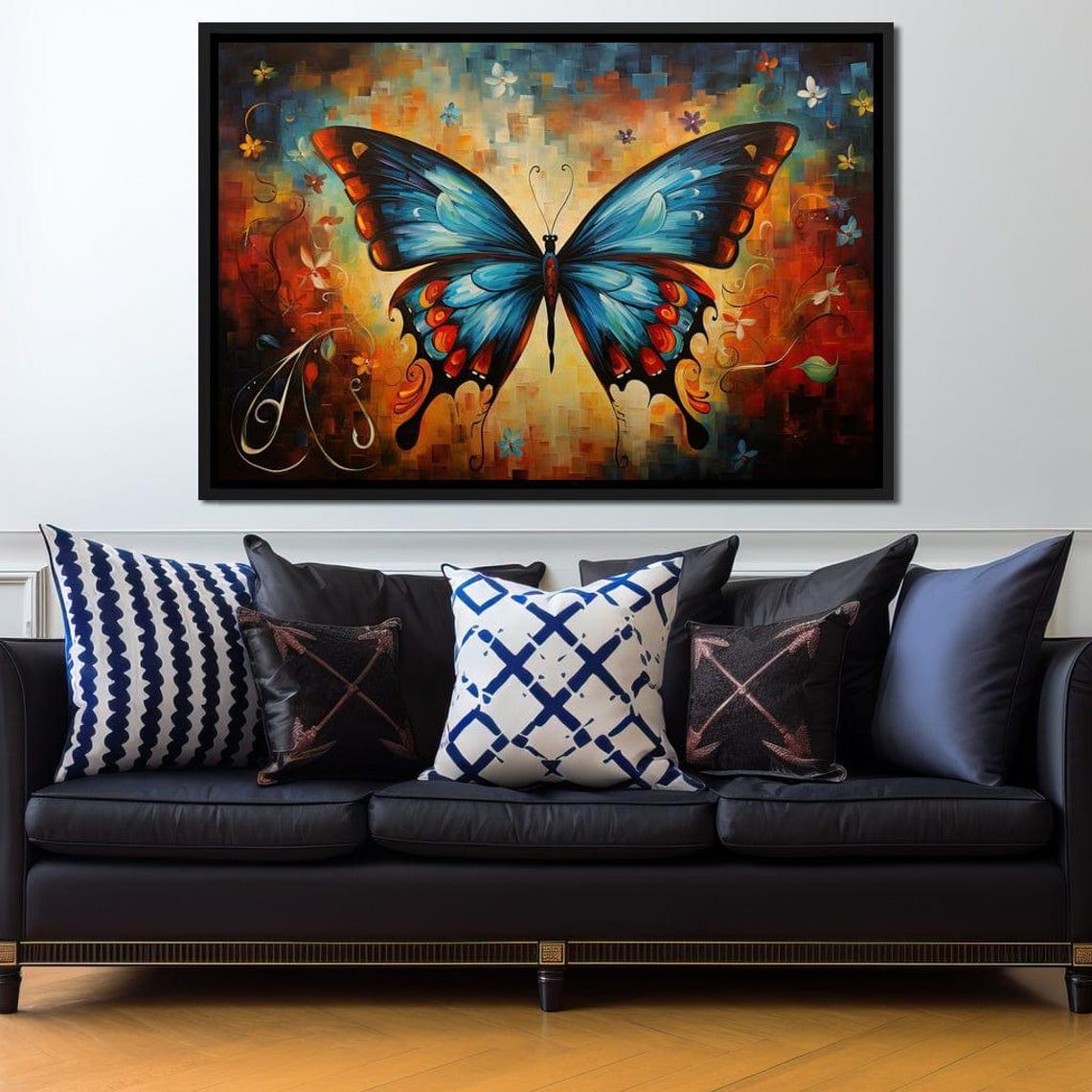 Blue Butterfly Mosaic Floral Background Vibrant Nature Wall Art Poster - Image 2