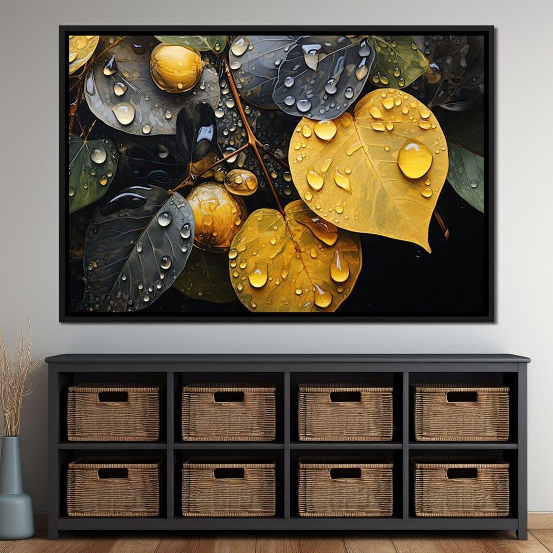 Golden Autumn Leaves Rain Drops Close Up Moody Botanical Poster - Image 2