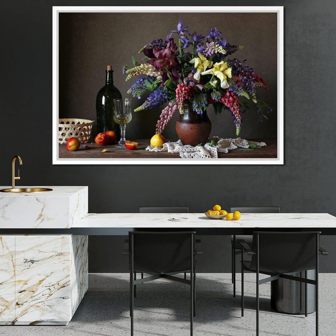 Purple Iris Lupine Still Life Wine Bottle Fruit Photo Wall Print