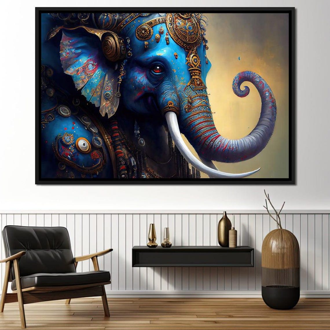 Ganesha Blue Elephant God Ornate Gold Hindu Spiritual Wall Art Poster