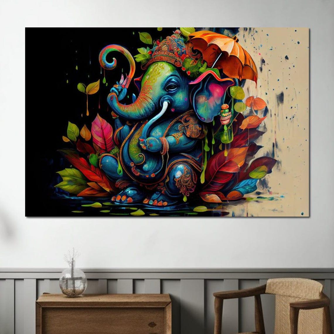 Blue Ganesha Dancing Under Umbrella Vibrant Rainbow Floral Art Poster - Image 3