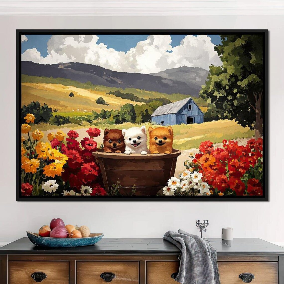 Three Cute Puppies In A Wooden Tub Among Wildflowers Farm Poster
