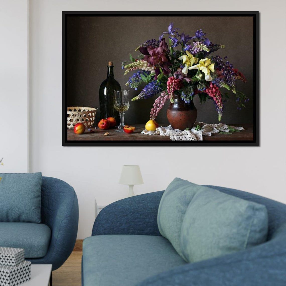 Purple Iris Lupine Still Life Wine Bottle Fruit Photo Wall Print - Image 2