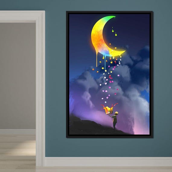Moon Gift Whimsical Home Decor Fantasy Kids Room Art Purple Yellow Spacemoon Magical Night Sky By Nichecanvas