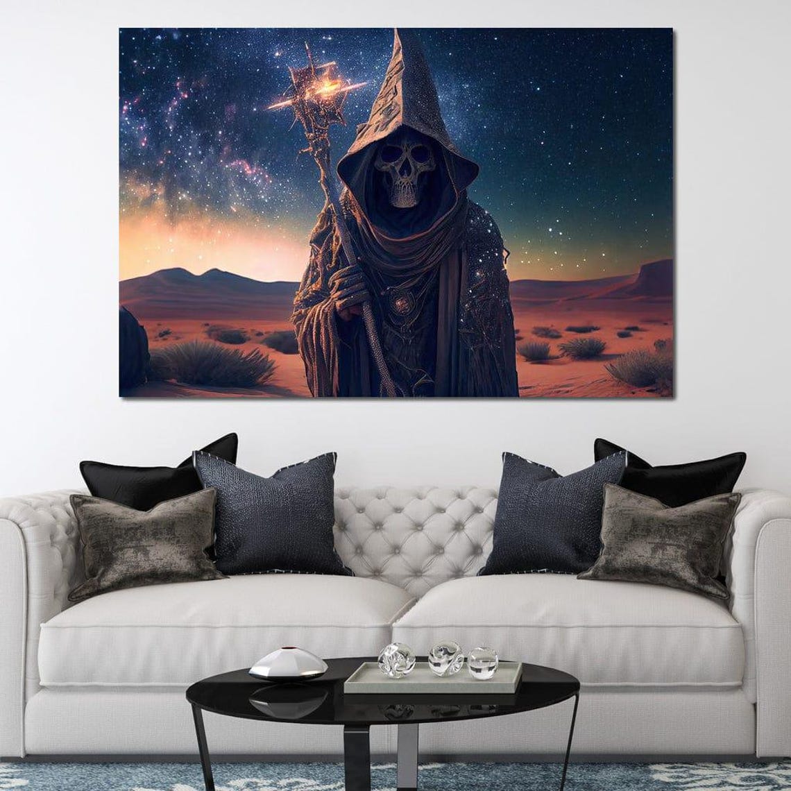 Skeleton Wizard Staff Desert Night Starry Sky Dark Fantasy Wall Art - Image 2