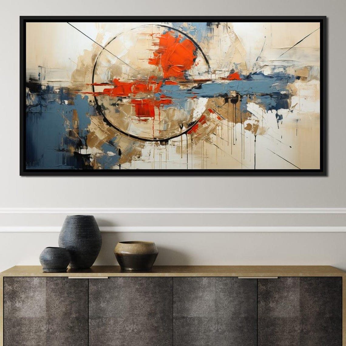 Beige Blue Orange Circle Horizon Five Panel Modern Abstract Wall Art - Image 2