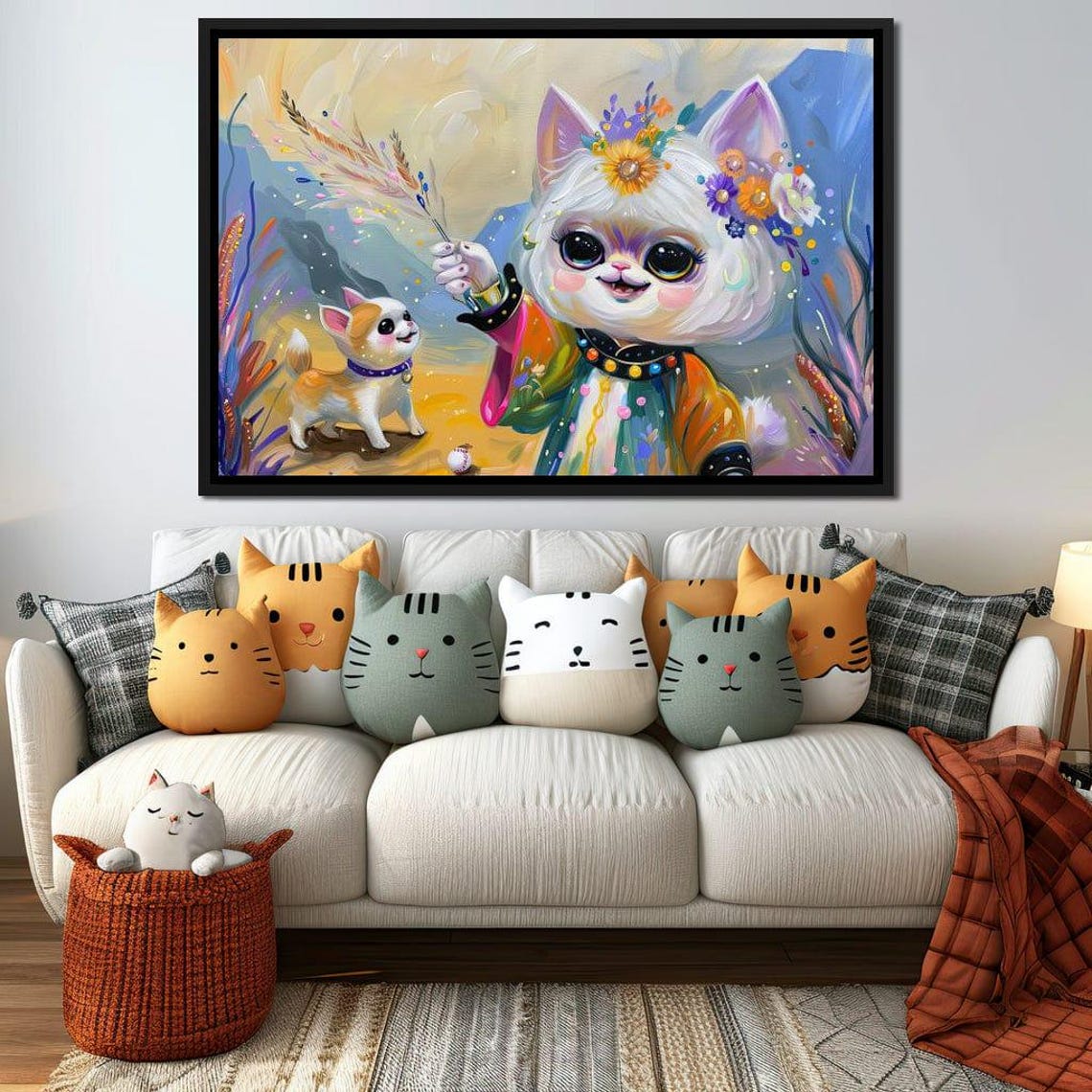 Whimsical Wizard Cat With Puppy Pal Colorful Fantasy Kids Wall Art - Image 3