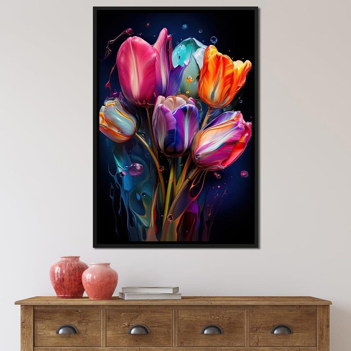 Luminous Tulips Vibrant Multicolor Bouquet On Dark Floral Art Poster