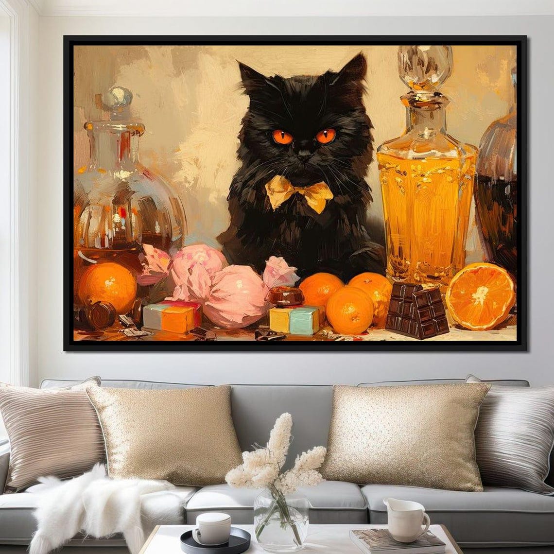 Black Cat With Gold Bow Tie Feast Of Oranges And Sweets Art Poster - Image 2