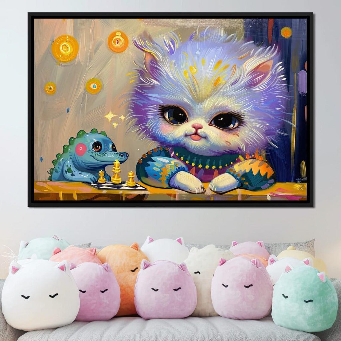 Cute Kitten Chess Game With Baby Dinosaur Colorful Whimsical Kids Room Wall Poster - Image 4