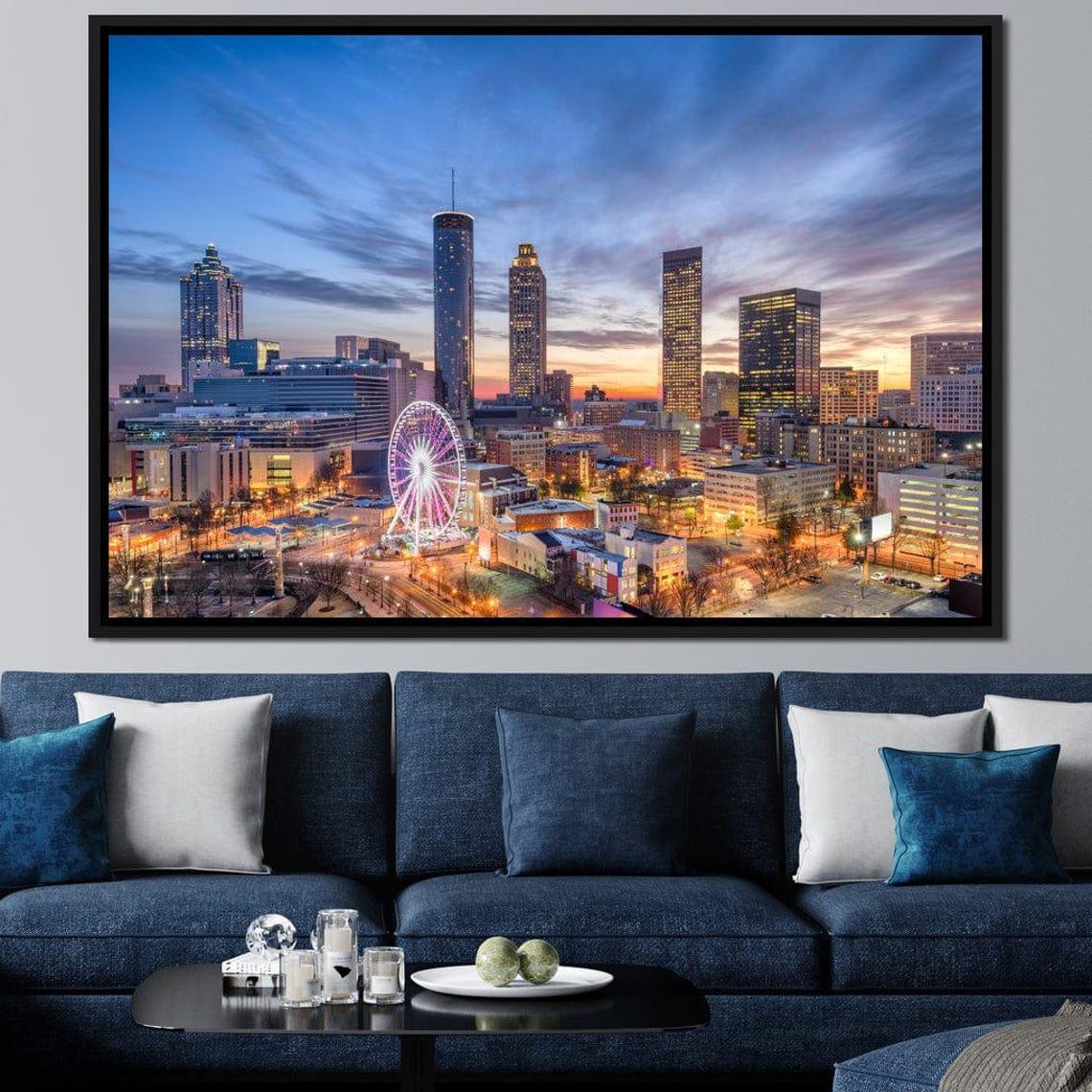 Atlanta Skyline Ferris Wheel Sunset City Lights Downtown Travel Poster
