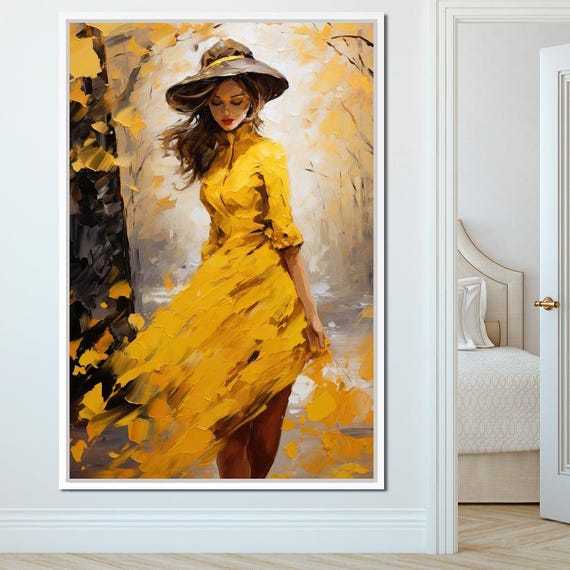 Elegance In Shades Of Gold Fashion Art Modern Decor Sun Hat Yellow Dress Abstract Woman Painting Elegant Wall Art By Nichecanvas
