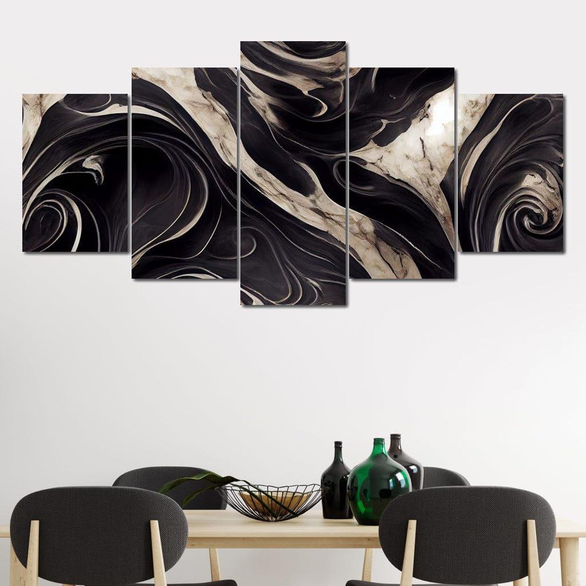 Black White Monochrome Marble Waves Five Panel Abstract Wall Art - Image 4