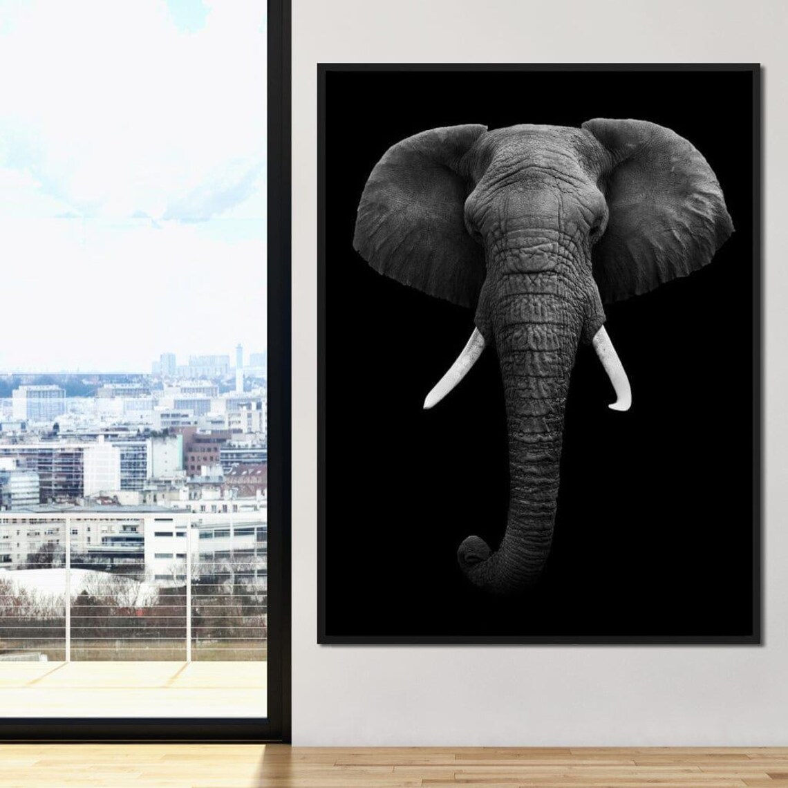 Black And White Elephant Face Portrait Monochrome Safari Statement Poster - Image 2